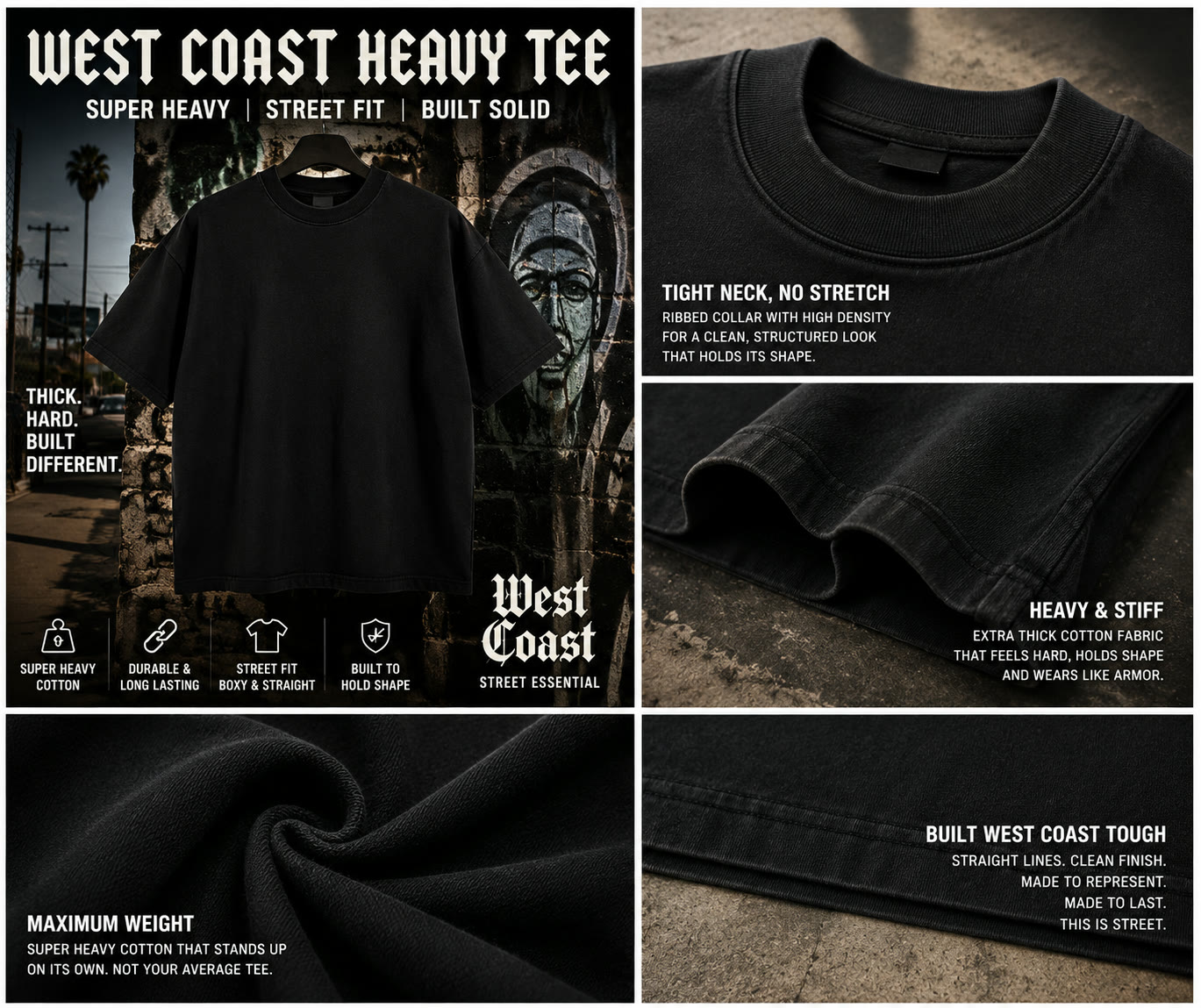 Blank black heavyweight tee showcase — front view, tight ribbed collar and fabric close-ups
