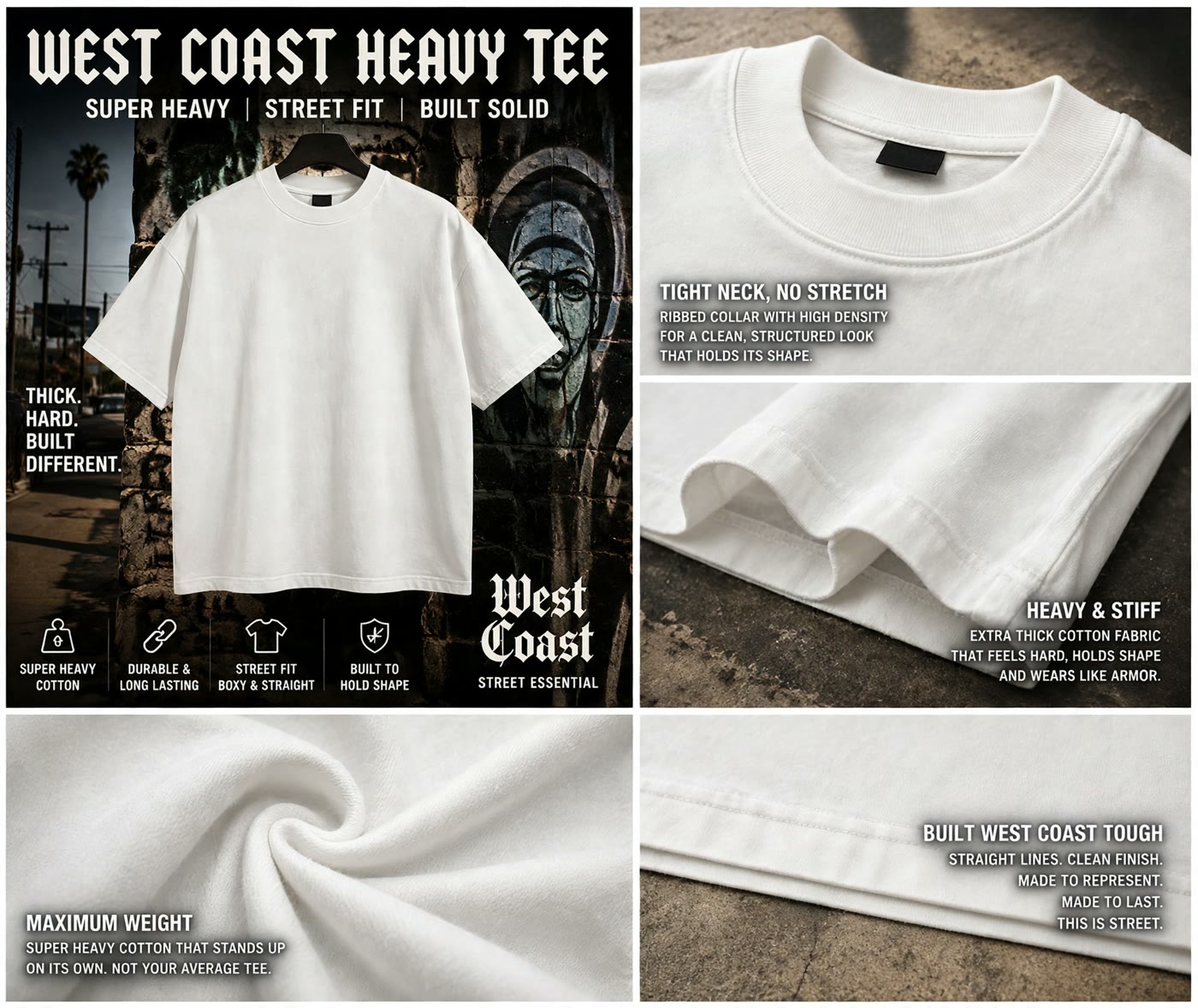 Blank white heavyweight tee showcase — front view, collar and fabric detail