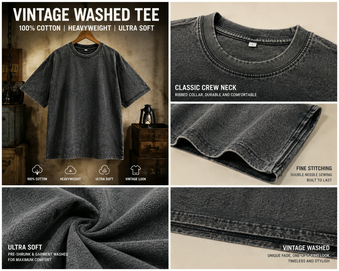 Blank vintage washed tee in charcoal — garment-washed fade and soft cotton texture