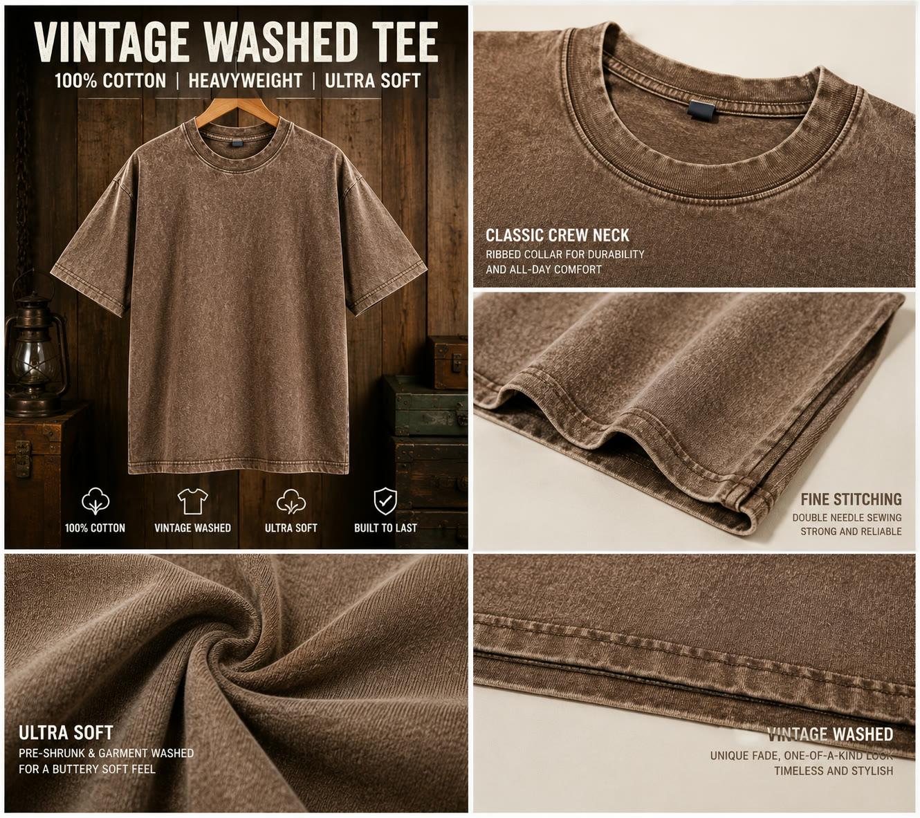 Blank vintage washed tee in brown — sun-faded garment wash