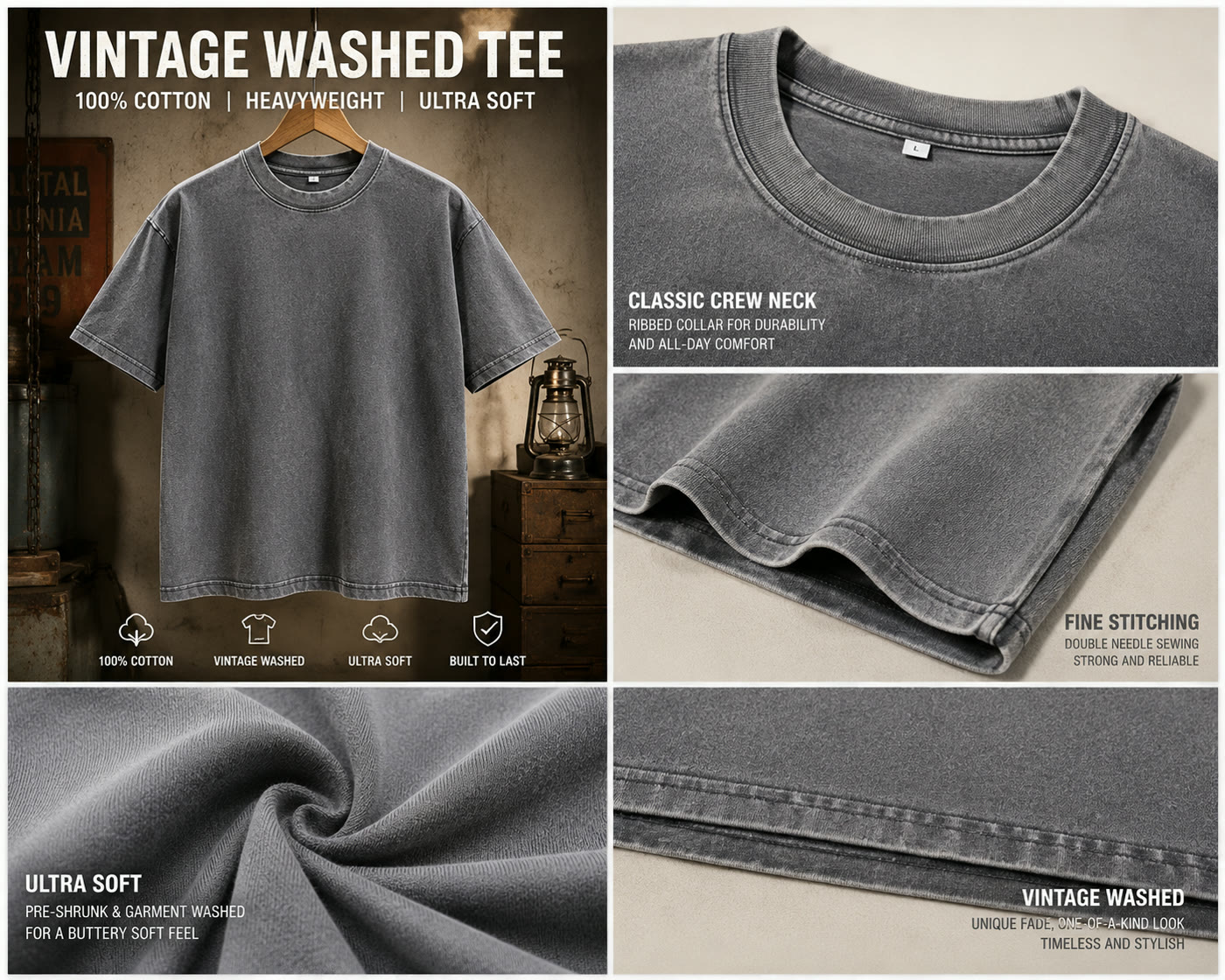 Blank vintage washed tee in gray — stone-washed vintage finish