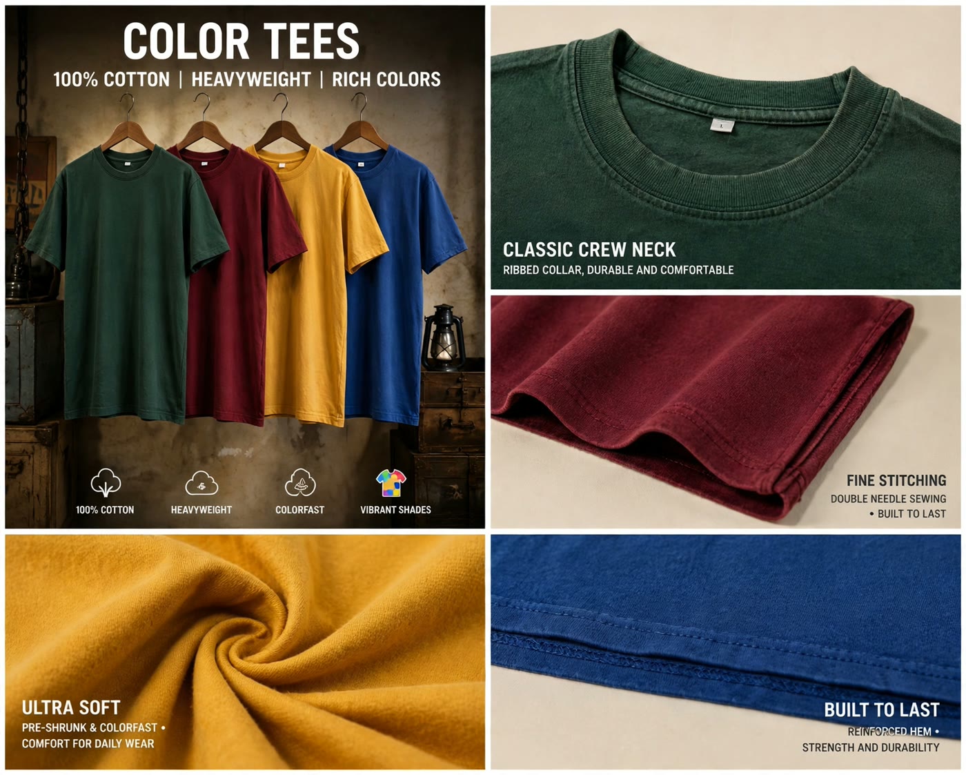 Blank heavyweight color tees in forest green, burgundy, mustard and royal blue