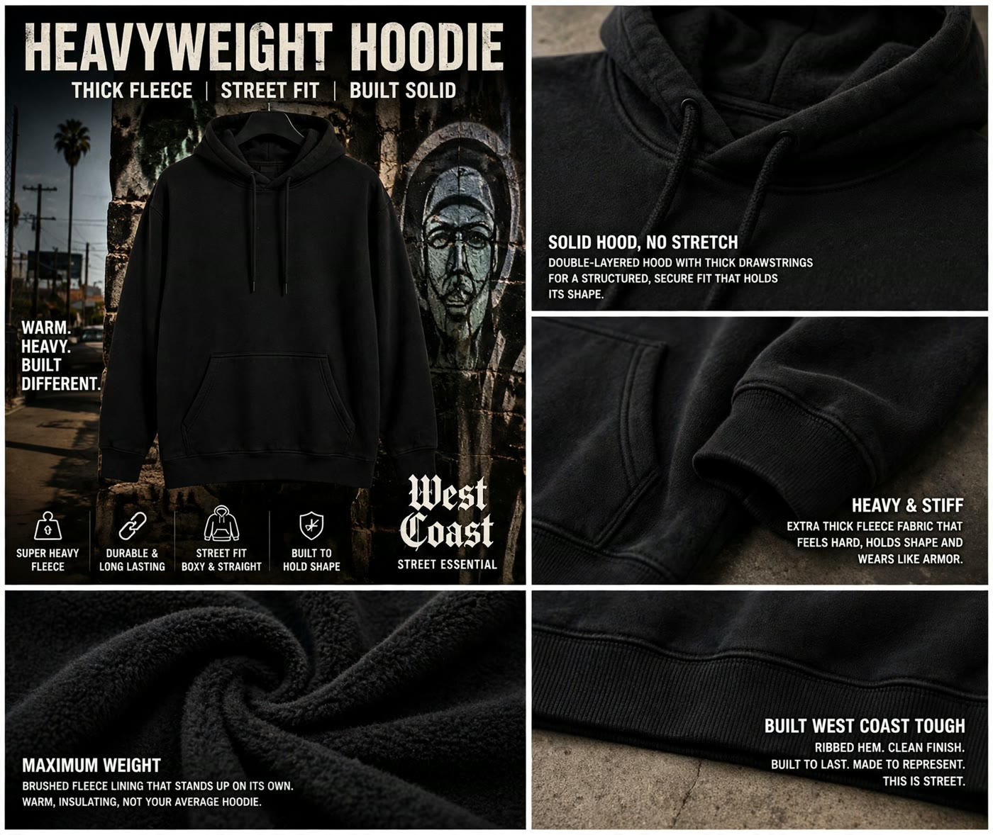 Blank heavyweight pullover hoodie — thick fleece, double-layer hood and kangaroo pocket